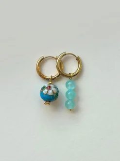 Flower Cloisonne & Little Stone Mismatched Hoops - Blue