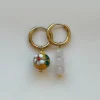 Flower Cloisonne & Little Stone Mismatched Hoops - Yellow