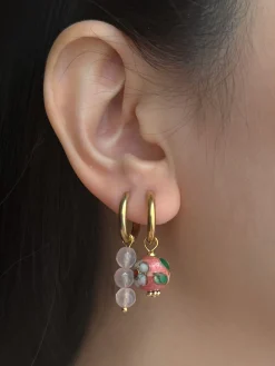 Flower Cloisonne & Little Stone Mismatched Hoops - Pink