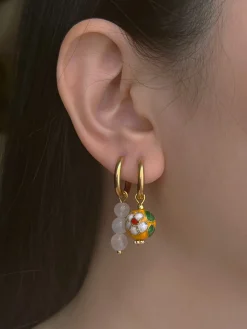 Flower Cloisonne & Little Stone Mismatched Hoops - Yellow