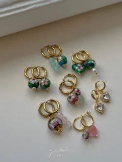 Flower Cloisonne & Little Stone Mismatched Hoops - Blue