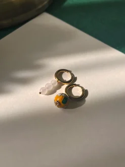 Flower Cloisonne & Little Stone Mismatched Hoops - Yellow