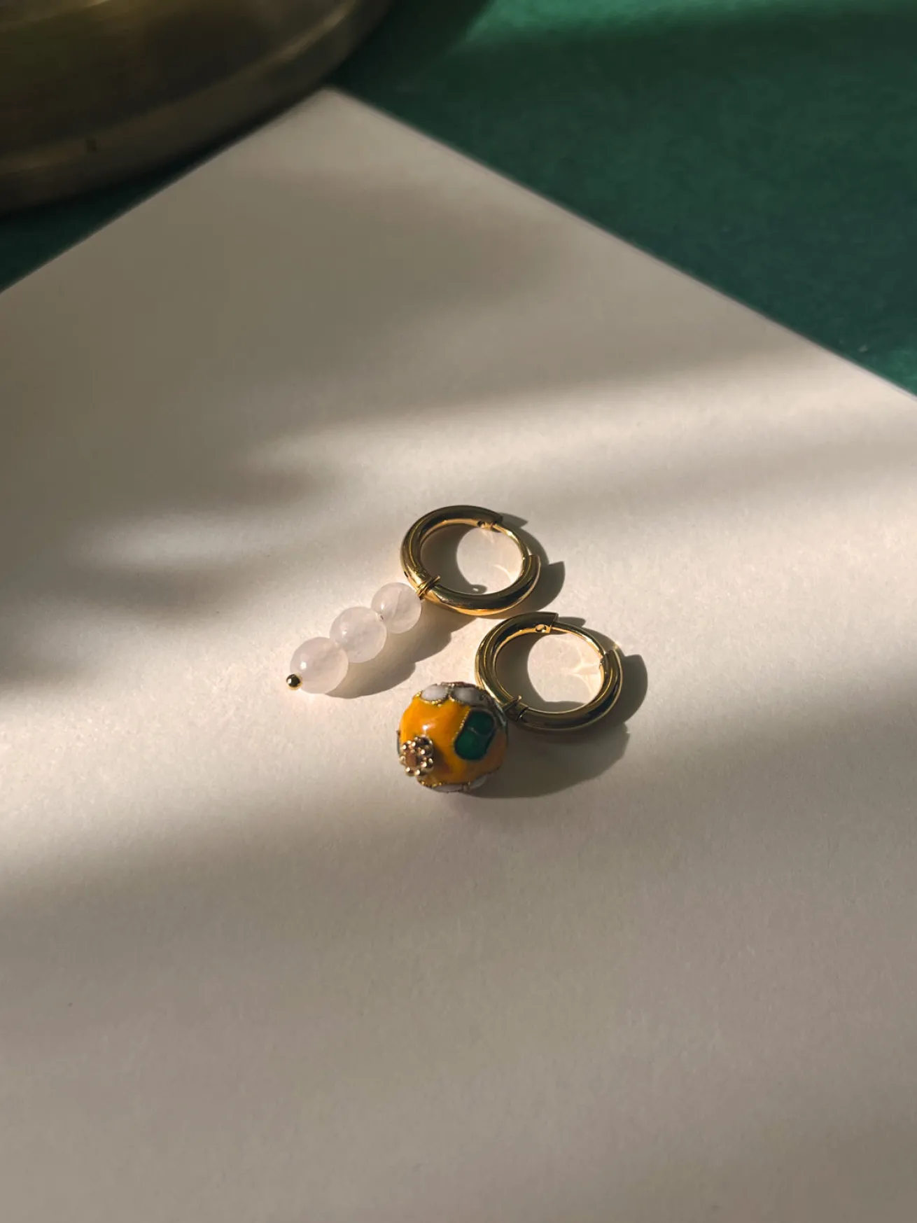 Flower Cloisonne & Little Stone Mismatched Hoops - Yellow