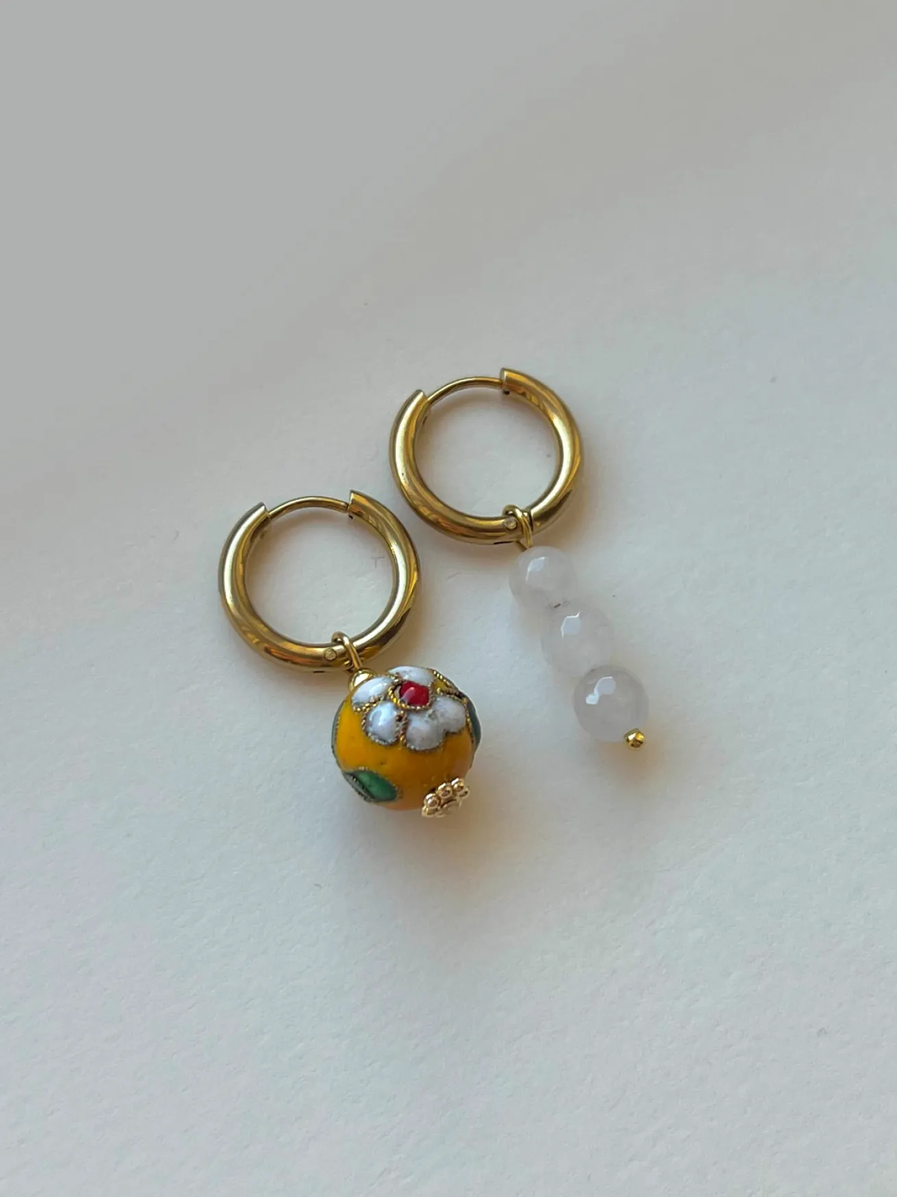 Flower Cloisonne & Little Stone Mismatched Hoops - Yellow