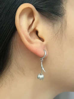 Flower Dangle Huggies - Silver