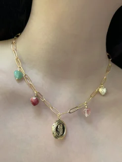 Flower Round Locket Charm Necklace - Crystal Hearts/Dried Rose