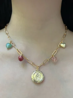 Flower Round Locket Charm Necklace - Crystal Hearts/Dried Rose