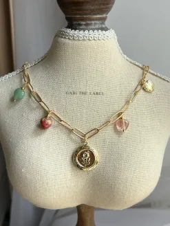 Flower Round Locket Charm Necklace - Crystal Hearts/Dried Rose