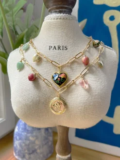 Flower Round Locket Charm Necklace - Crystal Hearts/Dried Rose