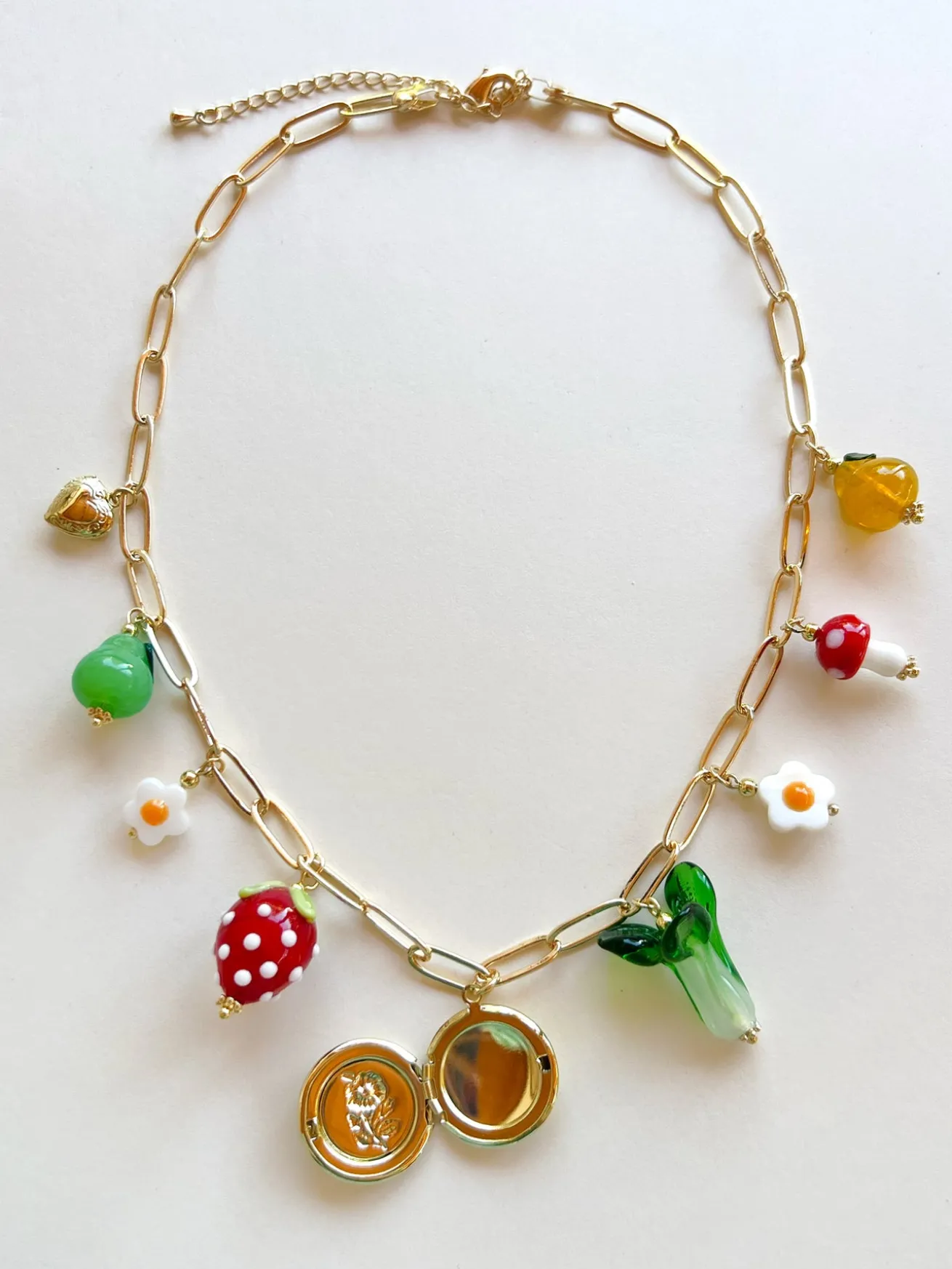 Fruits & Veggies Flower Locket Charm Necklace - Red Strawberry, Bok Choy & Pears