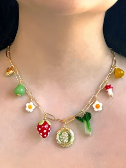 Fruits & Veggies Flower Locket Charm Necklace - Red Strawberry, Bok Choy & Pears