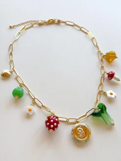 Fruits & Veggies Flower Locket Charm Necklace - Red Strawberry, Bok Choy & Pears