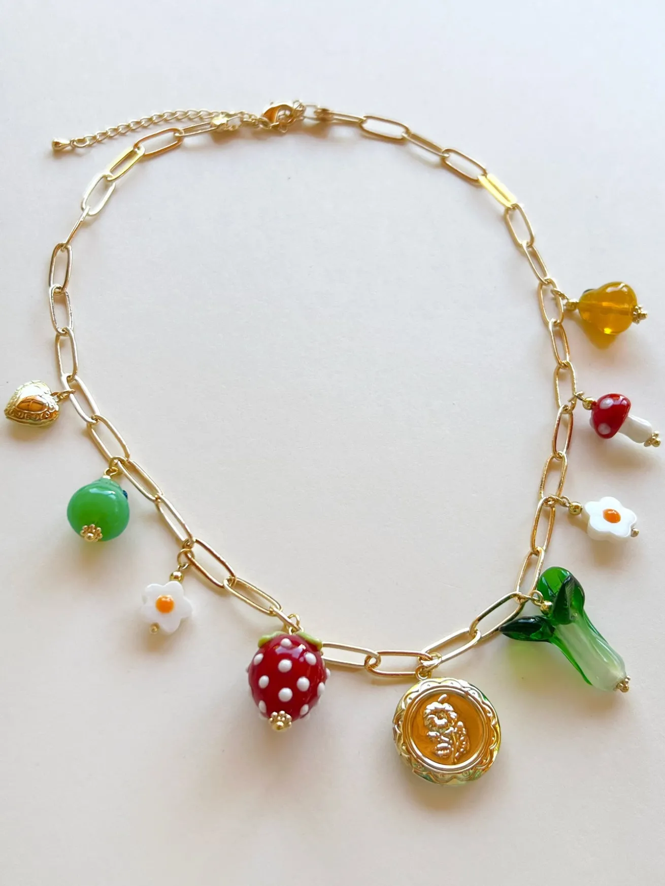 Fruits & Veggies Flower Locket Charm Necklace - Red Strawberry, Bok Choy & Pears