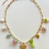 Fruits & Veggies Heart Locket Charm Necklace - Pink Strawberry, Bok Choy & Mushrooms