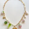 Fruits & Veggies Heart Locket Charm Necklace - Pink Strawberry, Bok Choy & Glass Flowers