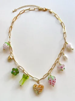 Fruits & Veggies Heart Locket Charm Necklace - Pink Strawberry, Bok Choy & Glass Flowers