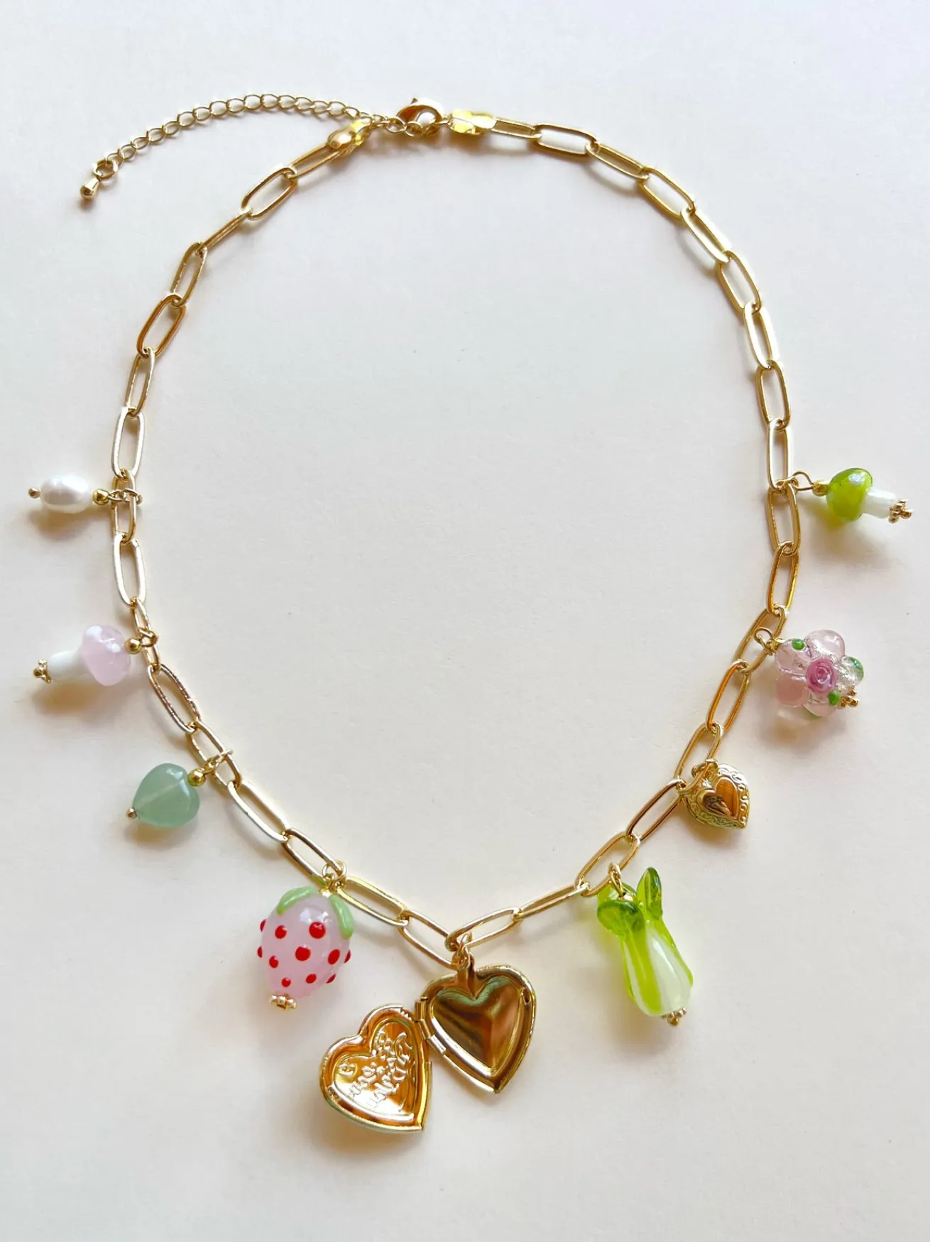Fruits & Veggies Heart Locket Charm Necklace - Pink Strawberry, Bok Choy & Mushrooms