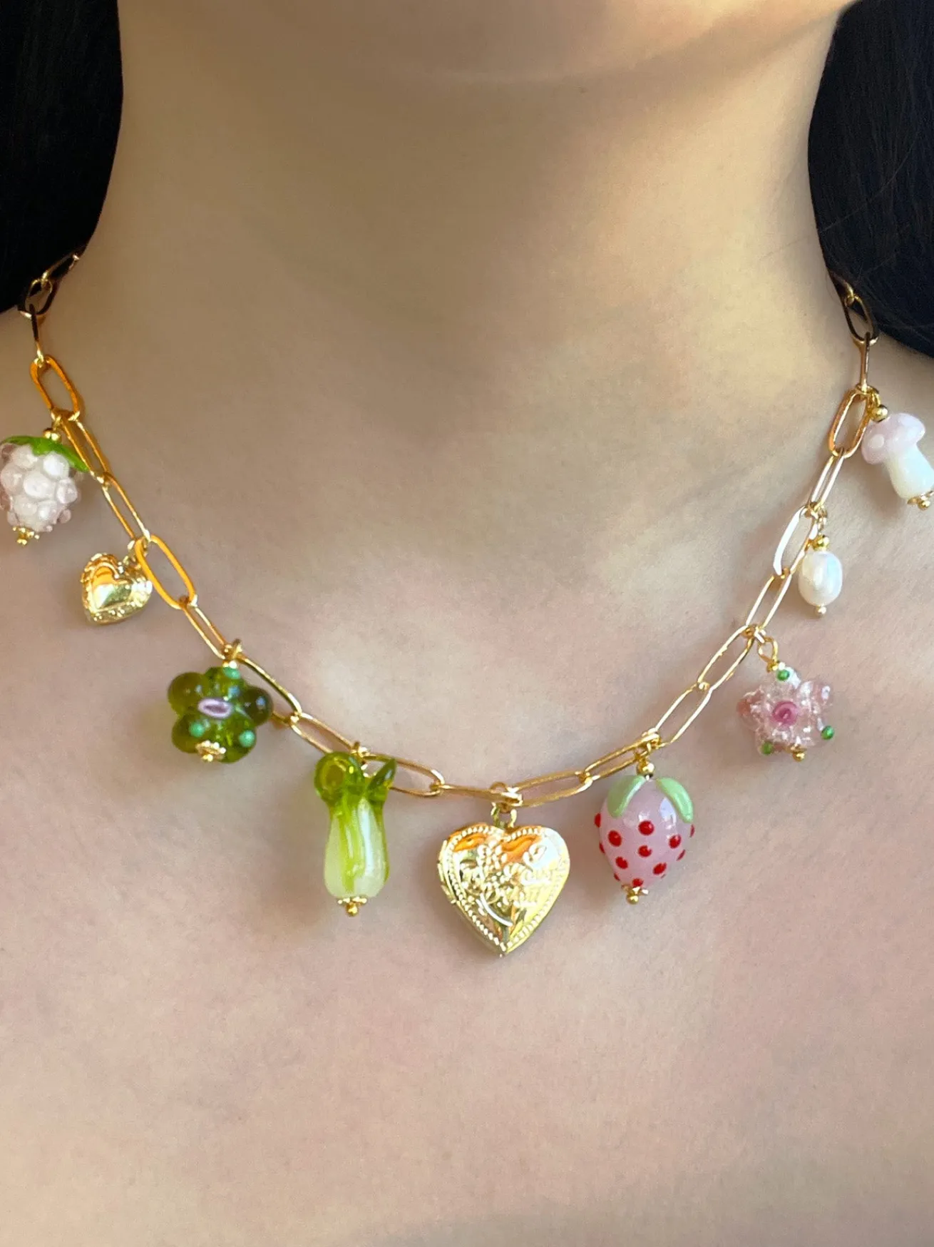 Fruits & Veggies Heart Locket Charm Necklace - Pink Strawberry, Bok Choy & Glass Flowers