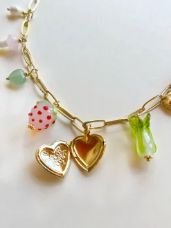 Fruits & Veggies Heart Locket Charm Necklace - Pink Strawberry, Bok Choy & Mushrooms