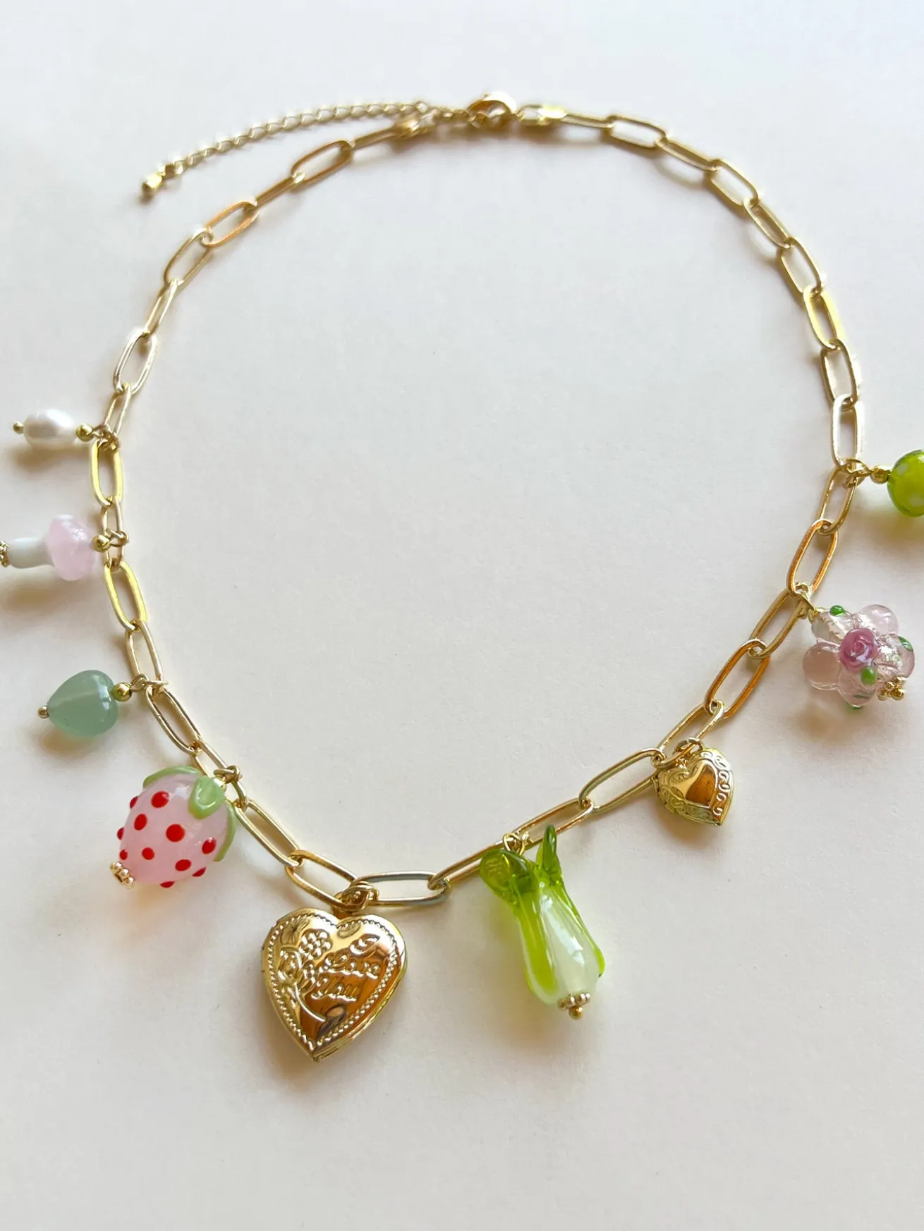Fruits & Veggies Heart Locket Charm Necklace - Pink Strawberry, Bok Choy & Mushrooms