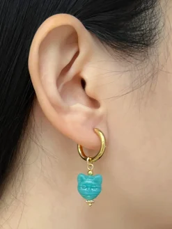 Glass Carved Cat Hoops - Turquoise