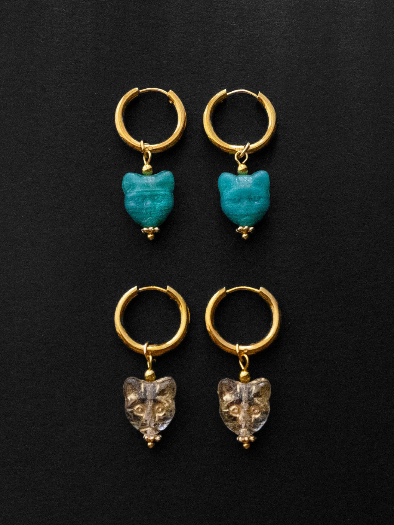 Glass Carved Cat Hoops - Turquoise