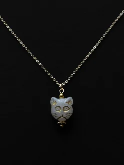 Glass Carved Cat Necklace - White