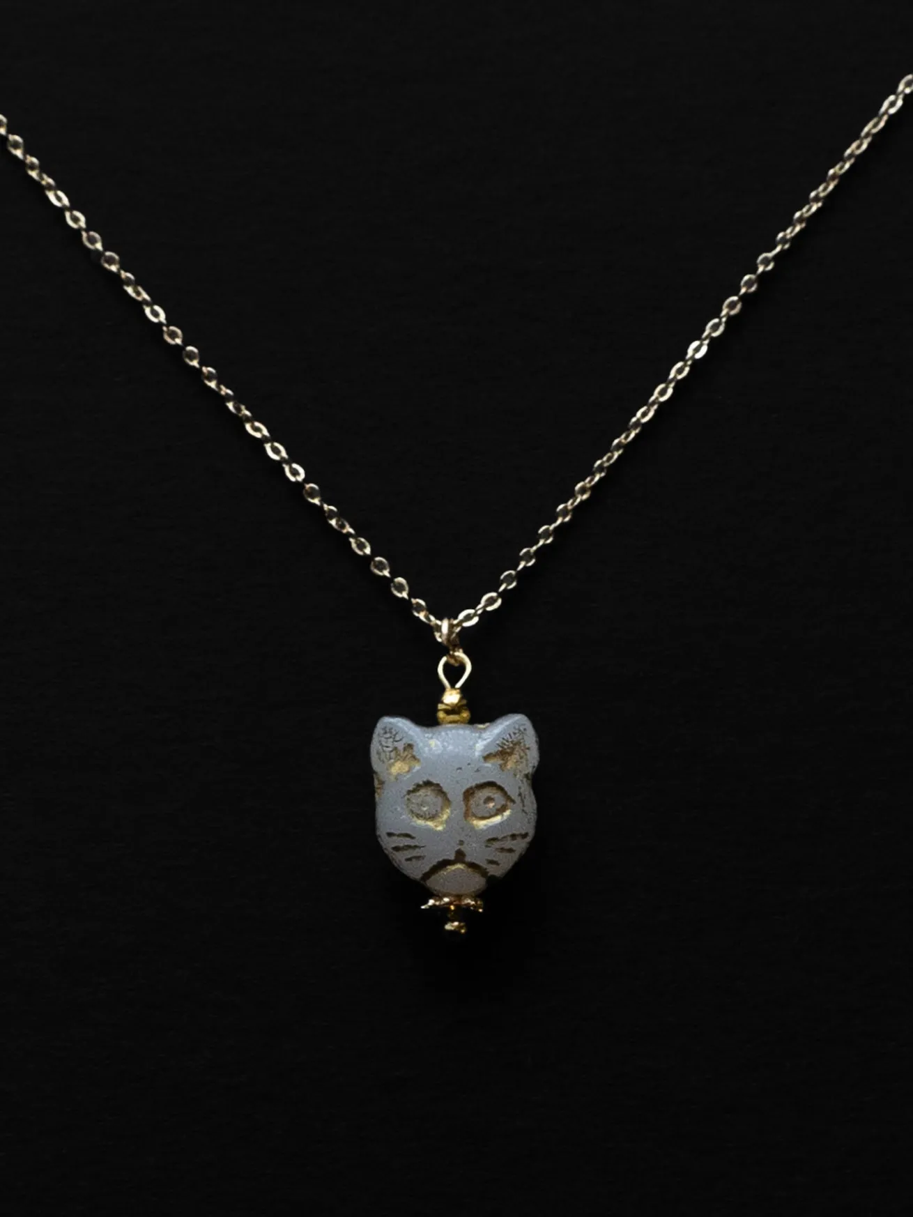 Glass Carved Cat Necklace - White