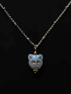 Glass Carved Cat Necklace - Moonstone