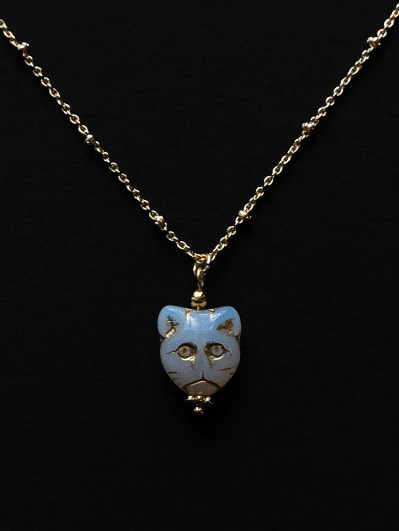 Glass Carved Cat Necklace - Moonstone