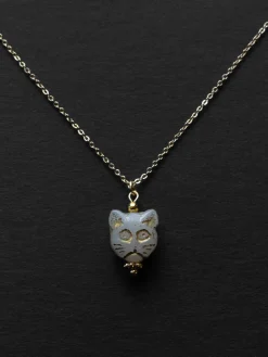 Glass Carved Cat Necklace - White