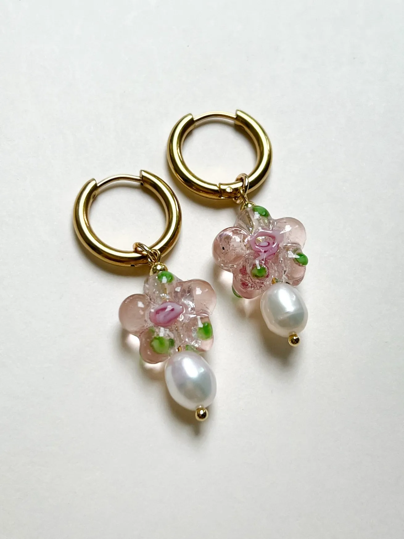 Glass Flower & Pearl Hoop Earrings - Pink