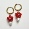 Glass Flower & Pearl Hoop Earrings - Orange