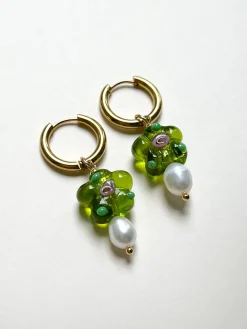 Glass Flower & Pearl Hoop Earrings - Apple green