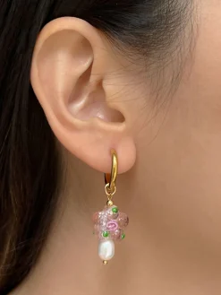 Glass Flower & Pearl Hoop Earrings - Pink