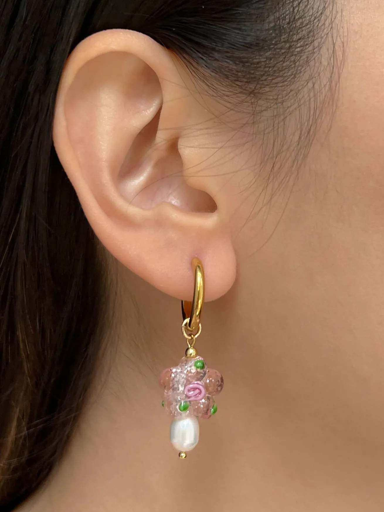 Glass Flower & Pearl Hoop Earrings - Pink