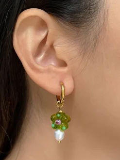 Glass Flower & Pearl Hoop Earrings - Apple green