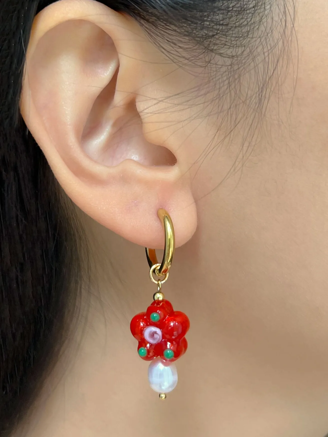 Glass Flower & Pearl Hoop Earrings - Orange