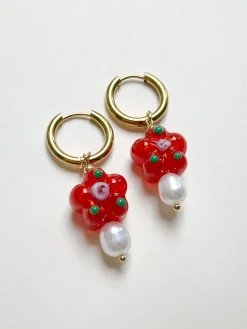Glass Flower & Pearl Hoop Earrings - Orange