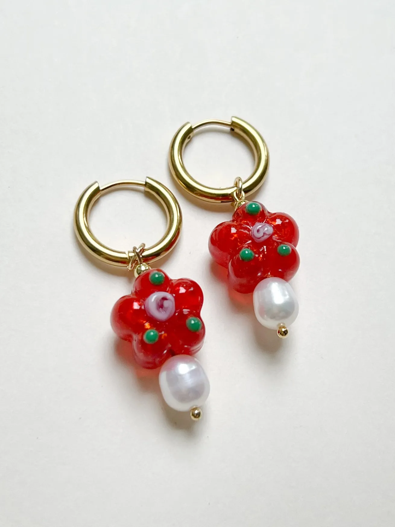 Glass Flower & Pearl Hoop Earrings - Orange