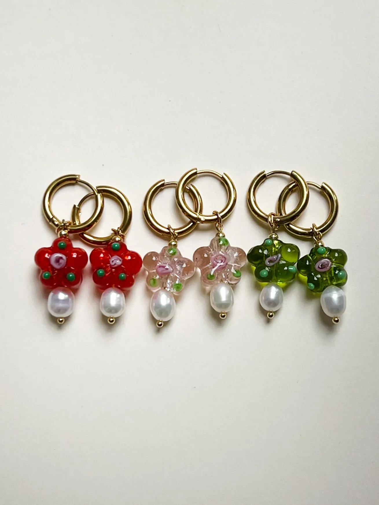 Glass Flower & Pearl Hoop Earrings - Apple green