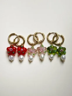 Glass Flower & Pearl Hoop Earrings - Orange