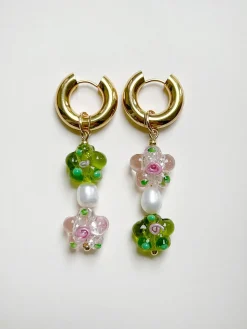 Glass Flower Asymmetric Chunky Hoops - Pink/Apple Green