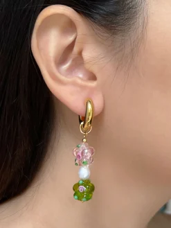 Glass Flower Asymmetric Chunky Hoops - Pink/Apple Green