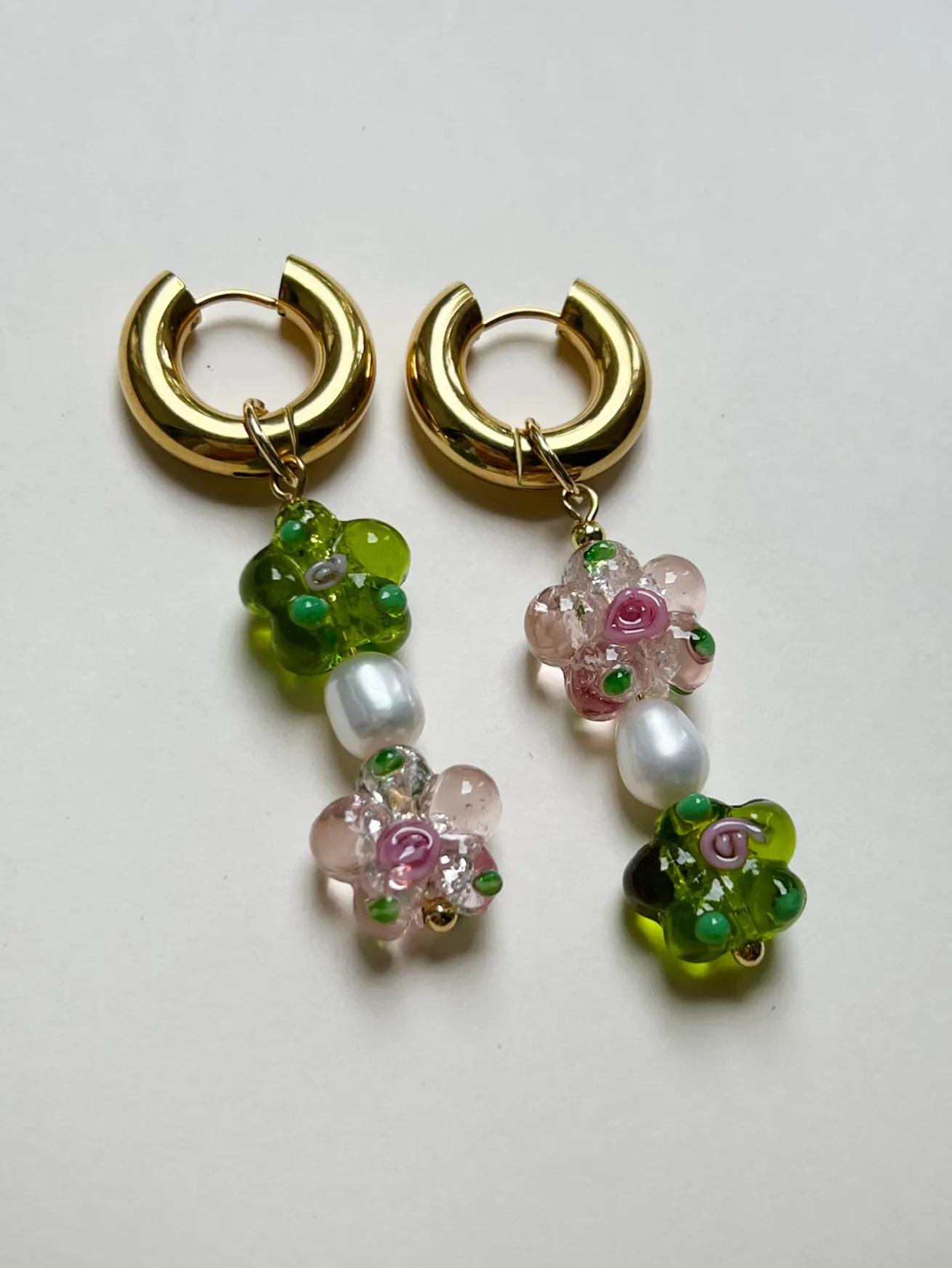 Glass Flower Asymmetric Chunky Hoops - Pink/Apple Green