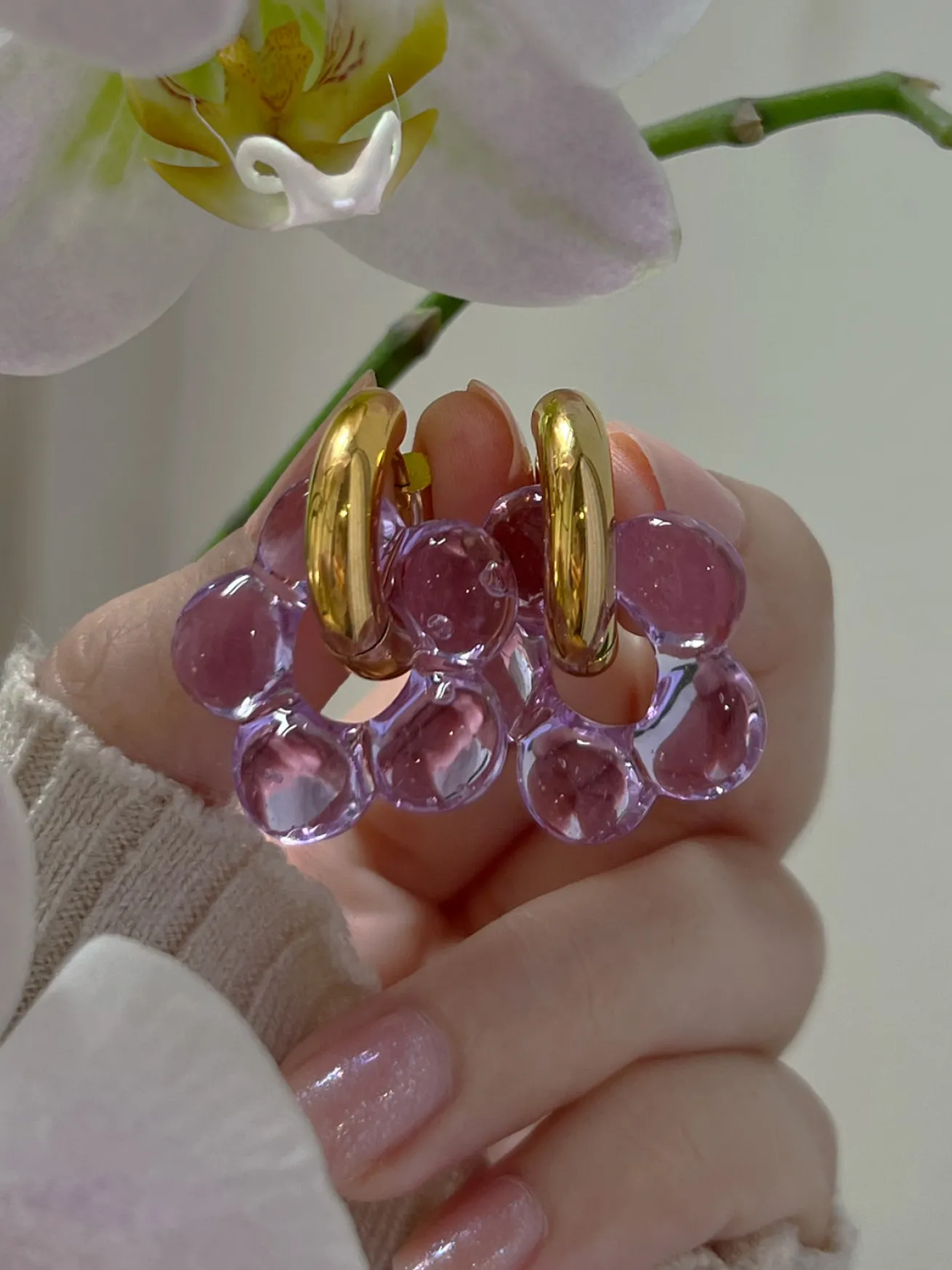 Glass Flower Donut Hoops - Lilac