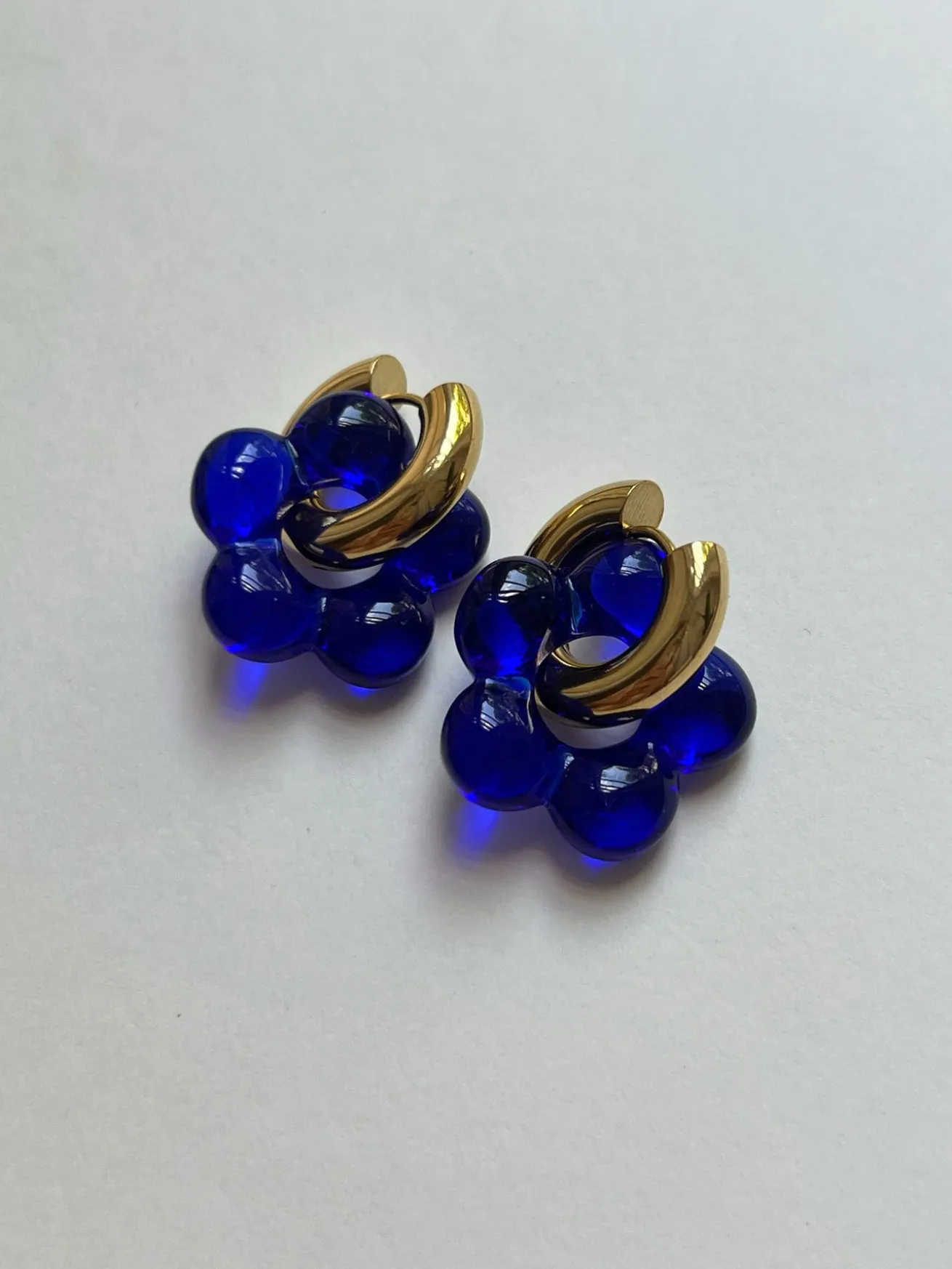 Glass Flower Donut Hoops - Cobalt Blue