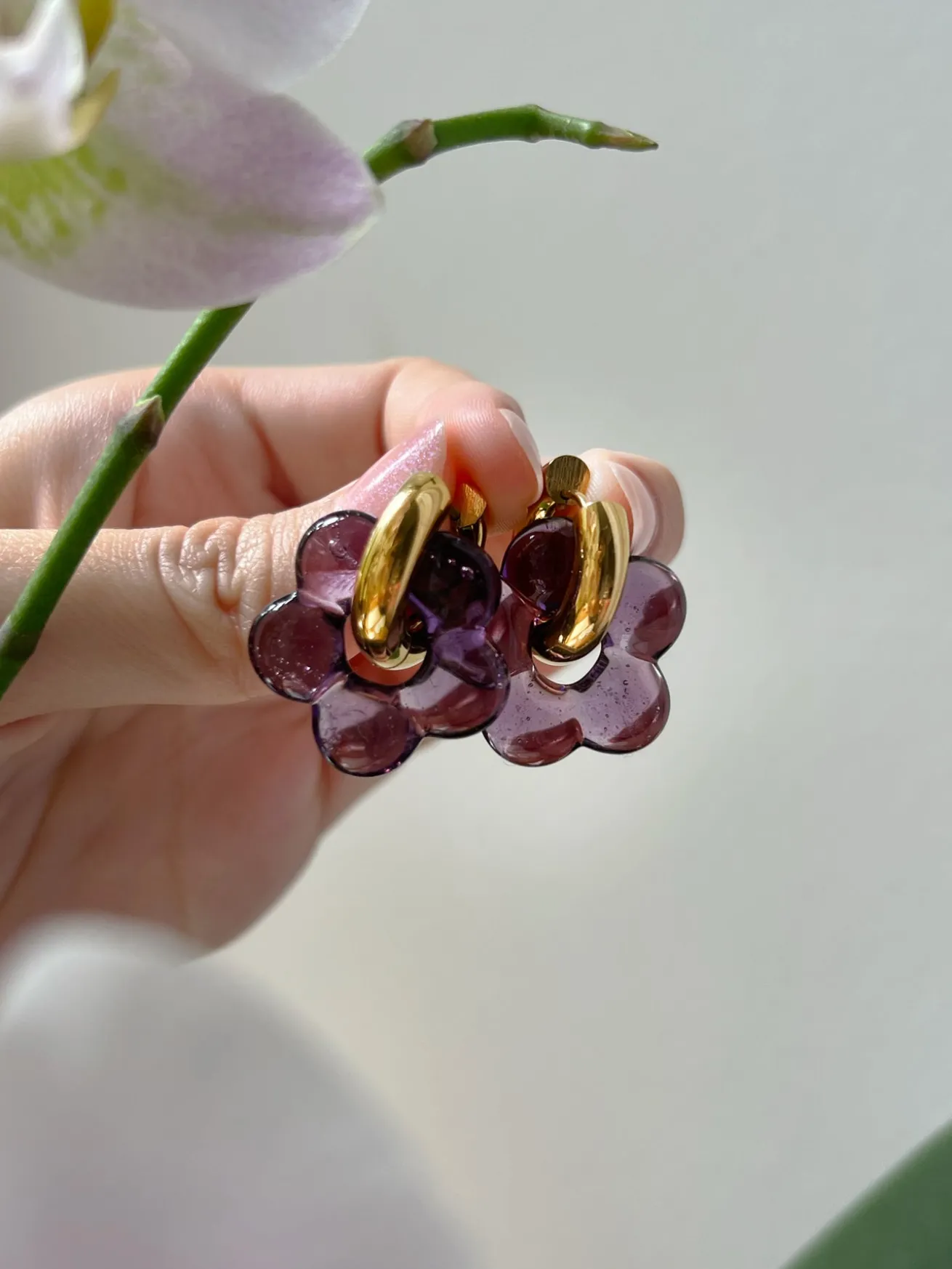 Glass Flower Donut Hoops - Dark Purple