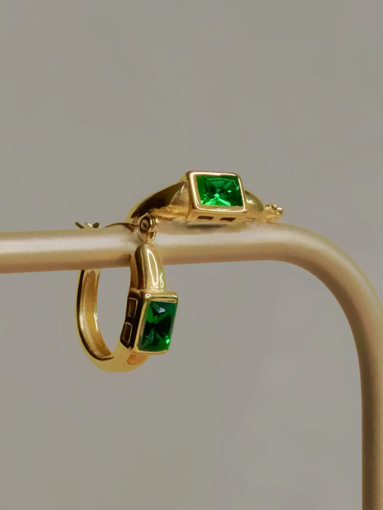 Gold Hoops With Green Rectangular Gemstone