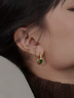 Gold Hoops With Green Rectangular Gemstone